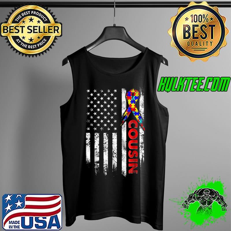 Autism Cousin Shirts Grunge USA American Flag Puzzle Ribbon T-Shirt Tank Top Autism Cousin Shirts Grunge USA American Flag Puzzle Ribbon T-Shirt Tank Top