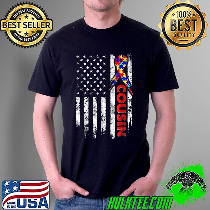 Autism Cousin Shirts Grunge USA American Flag Puzzle Ribbon T-Shirt Unisex Autism Cousin Shirts Grunge USA American Flag Puzzle Ribbon T-Shirt Unisex