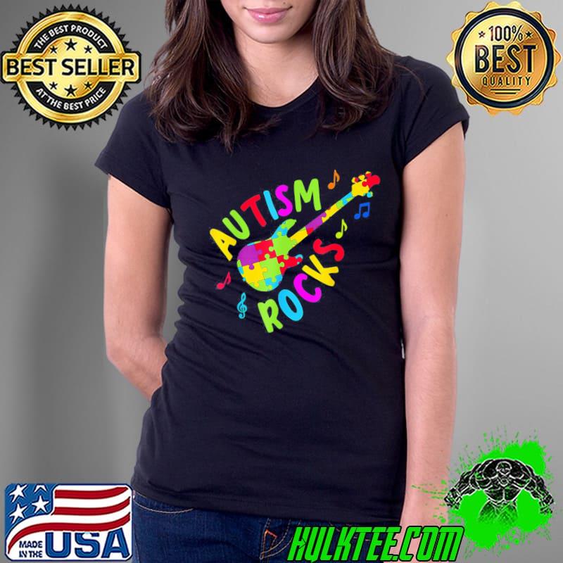 Autism rocks guitar puzzle pieces autism awareness month Ladies Tee Autism rocks guitar puzzle pieces autism awareness month Ladies Tee