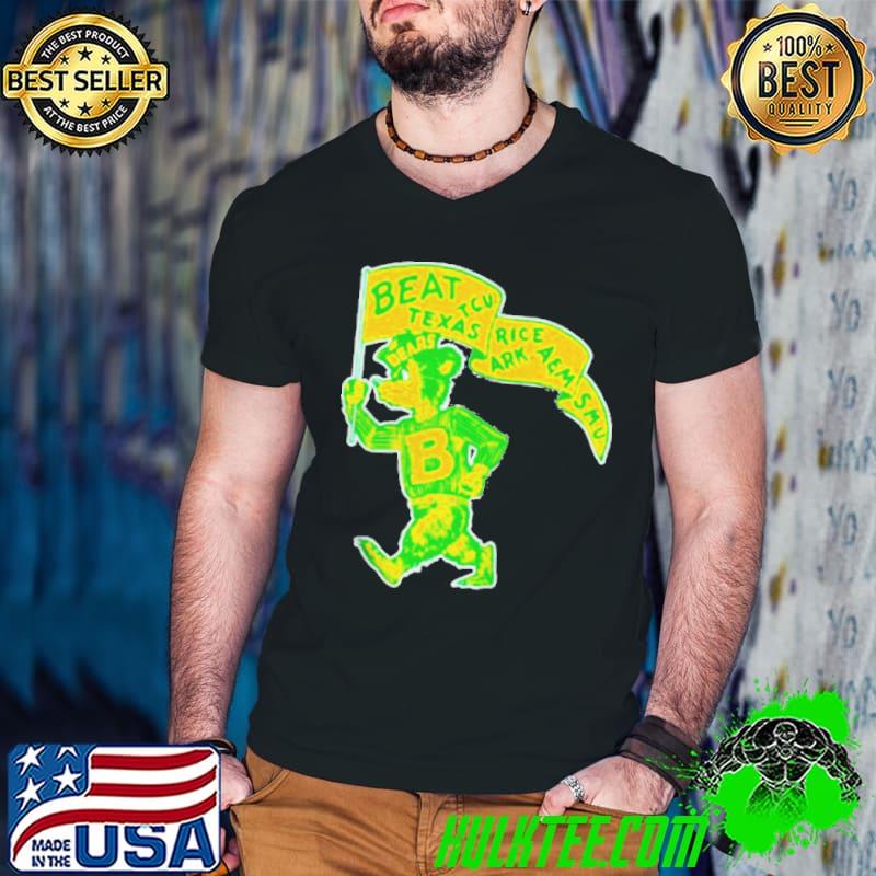 Baylor bear face wearing cap carrying a rival banner shirt