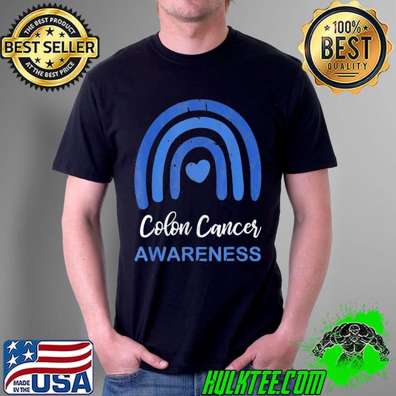 Colon Cancer Awareness Month Retro Rainbow Blue Ribbon T-Shirt