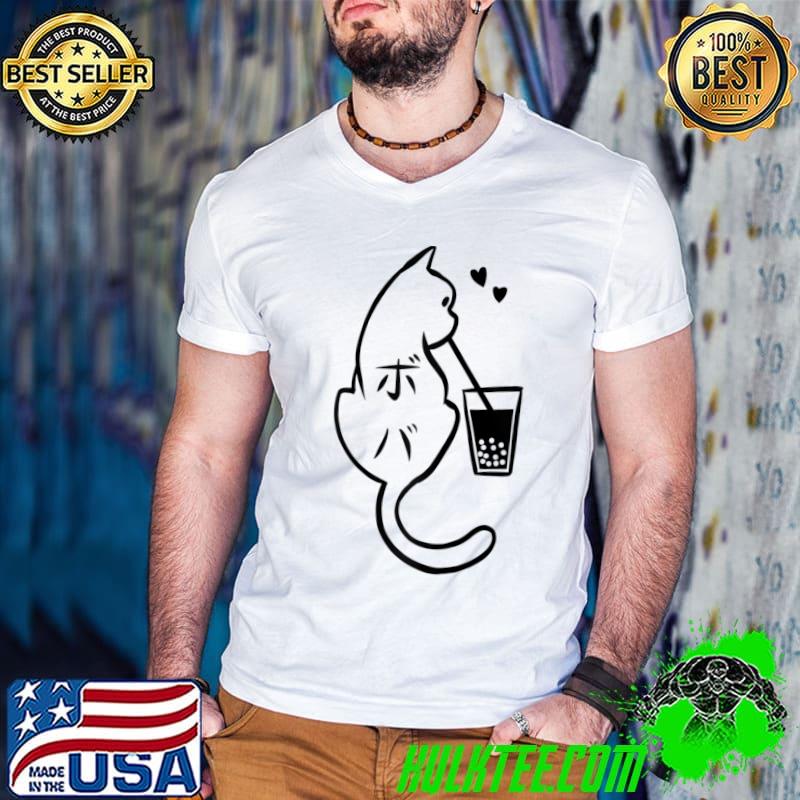 Cool Cat Drinking Boba Japanese Line Art Womens T-shirt