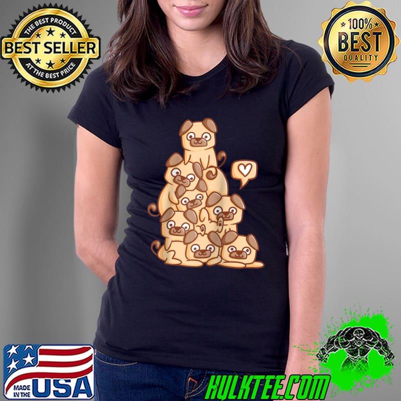 Cute Kawaii Puppy Pug Dog Pile Chibi T- Ladies Tee Cute Kawaii Puppy Pug Dog Pile Chibi T- Ladies Tee