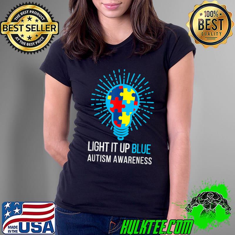 Light It Up Blue Autism Awareness Ribbon Puzzle Pieces T-Shirt Ladies Tee Light It Up Blue Autism Awareness Ribbon Puzzle Pieces T-Shirt Ladies Tee