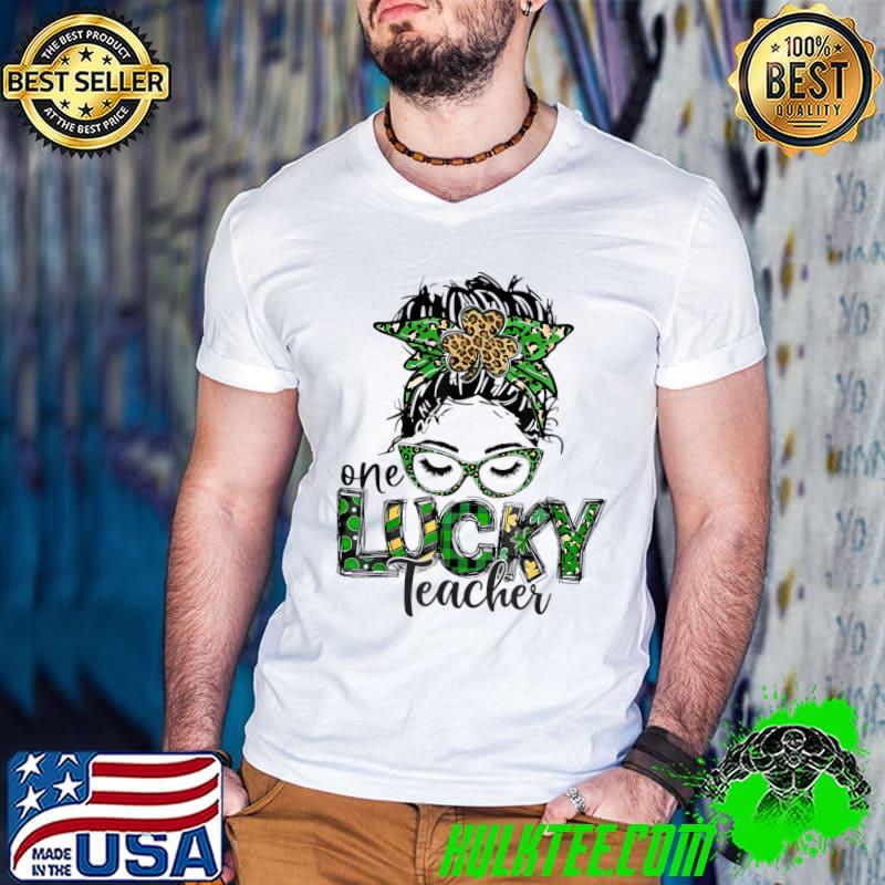 One Lucky Teacher St. Patrick's Day Messy Bun Leopard T-Shirt