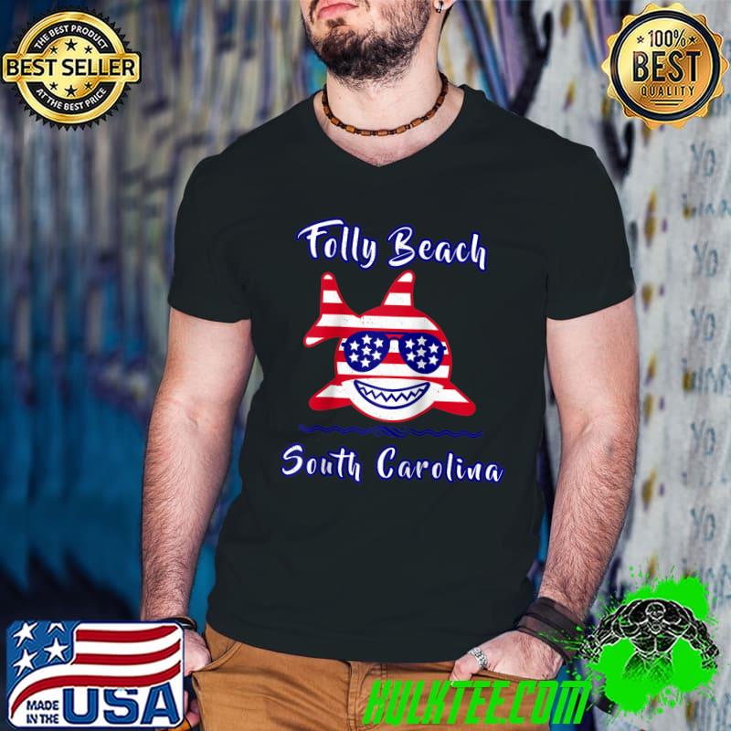 Patriotic Shark July 4th American Flag USA Folly Beach T-shirt