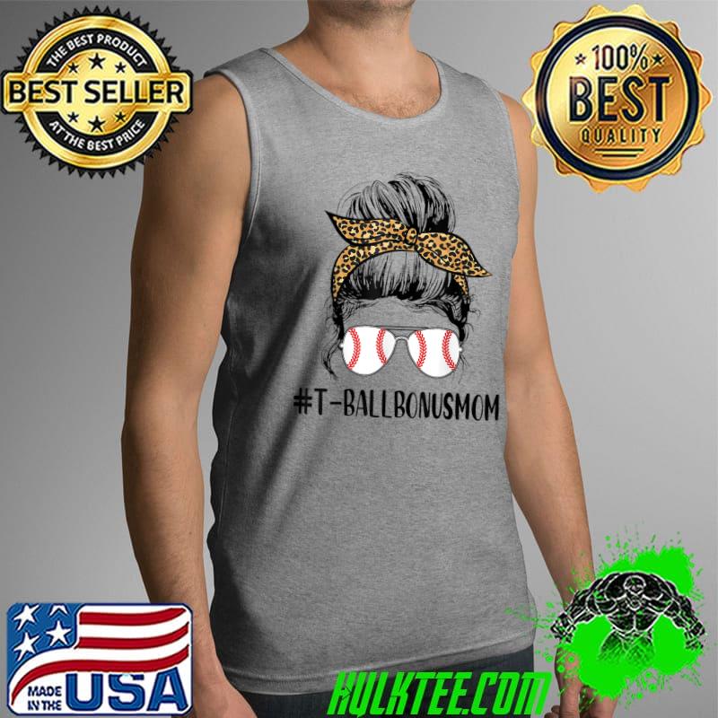 T-ball Bonus Mom Life Messy Bun Leopard Print Softball Mom T-Shirt