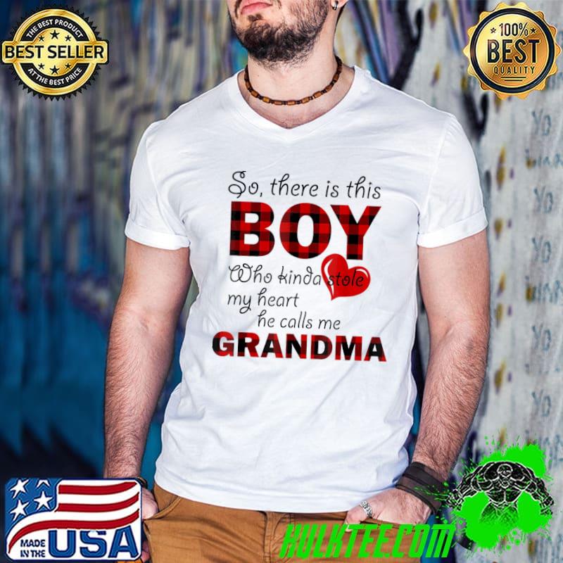 This boy kinda stole my heart he calls me grandma red plaid Guys V Neck This boy kinda stole my heart he calls me grandma red plaid Guys V Neck