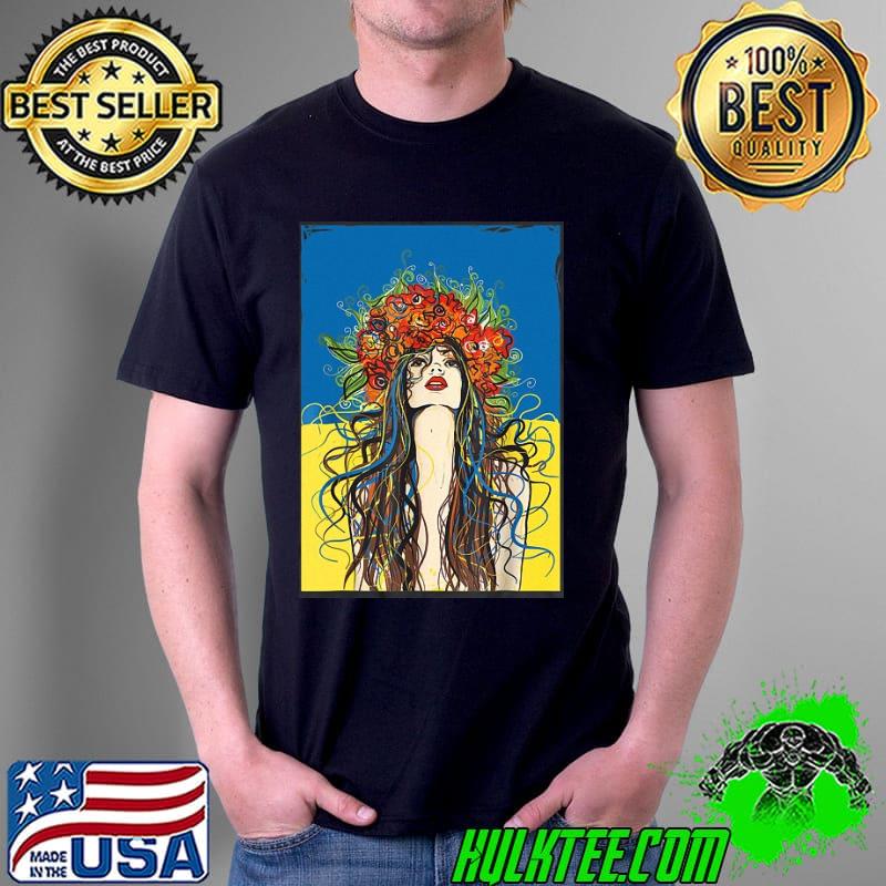 Beautiful ukrainian girl with flowers flag of Ukraine peace shirt