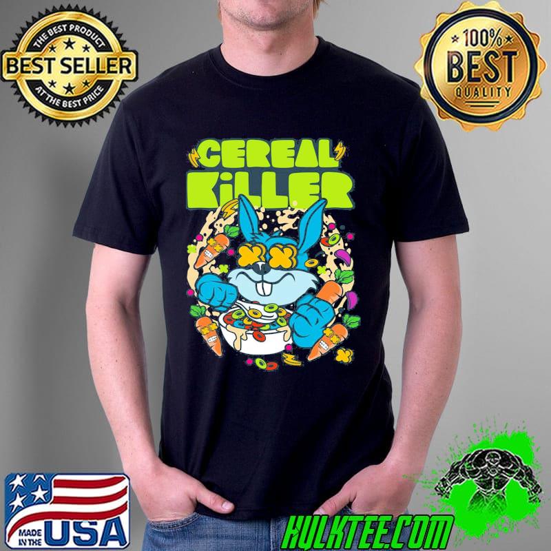 Cereal killer colorfully illustrated bunny rabbit crazy carrots shirt