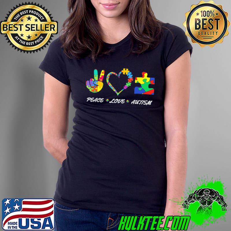 colorful puzzle pieces Autism Awareness Peace Autism love T-Shirt Ladies Tee colorful puzzle pieces Autism Awareness Peace Autism love T-Shirt Ladies Tee