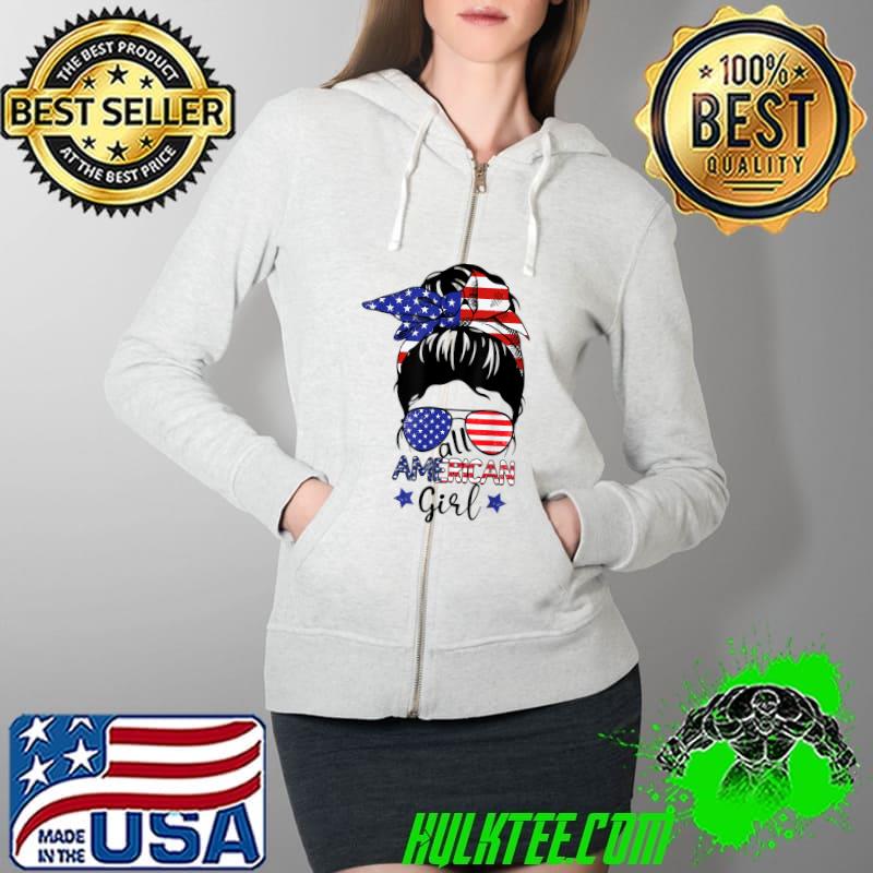 All American Girls 4th of July Shirt Daughter Messy Bun USA T-Shirt Full Zip Hooded All American Girls 4th of July Shirt Daughter Messy Bun USA T-Shirt Full Zip Hooded