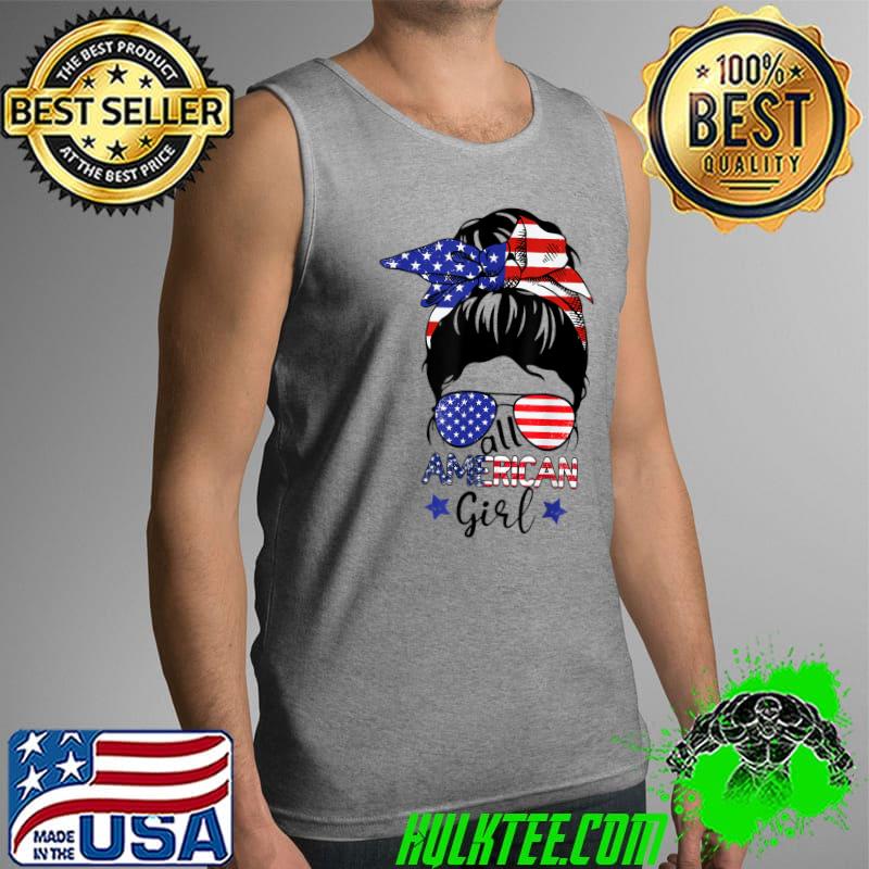 All American Girls 4th of July Shirt Daughter Messy Bun USA T-Shirt