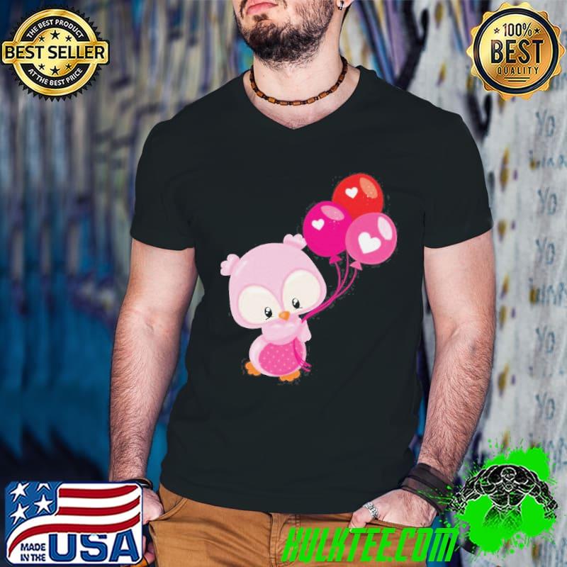 Kids pink owl holding balloons shirt