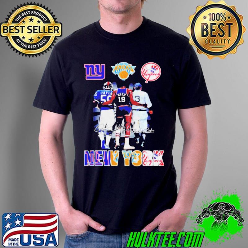New york sports teams lawrence taylor 55 willis reed 19 babe ruth 3 signatures shirt