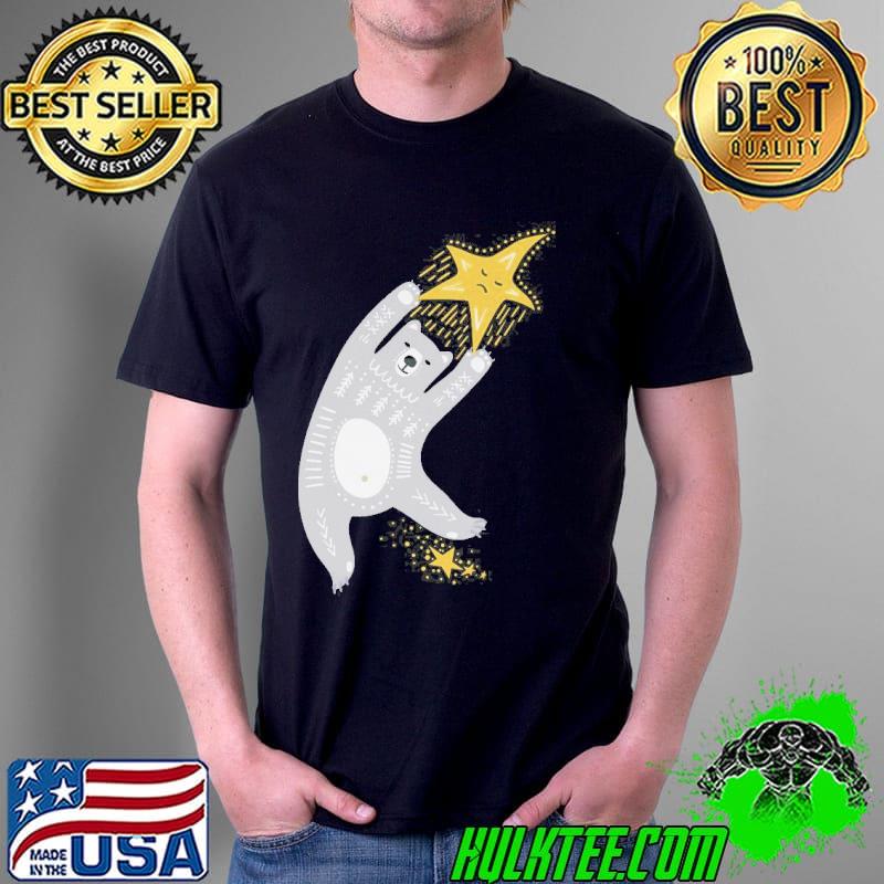 Whimsical bear hanging from a star shirt