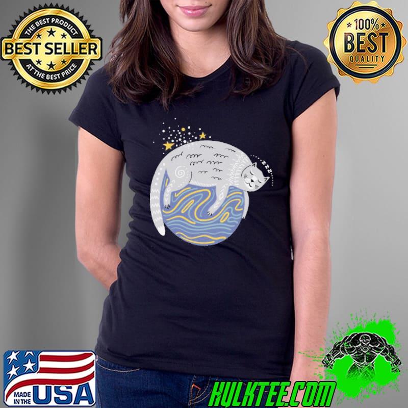 Whimsical cat sleeping on a planet s Ladies Tee Whimsical cat sleeping on a planet s Ladies Tee