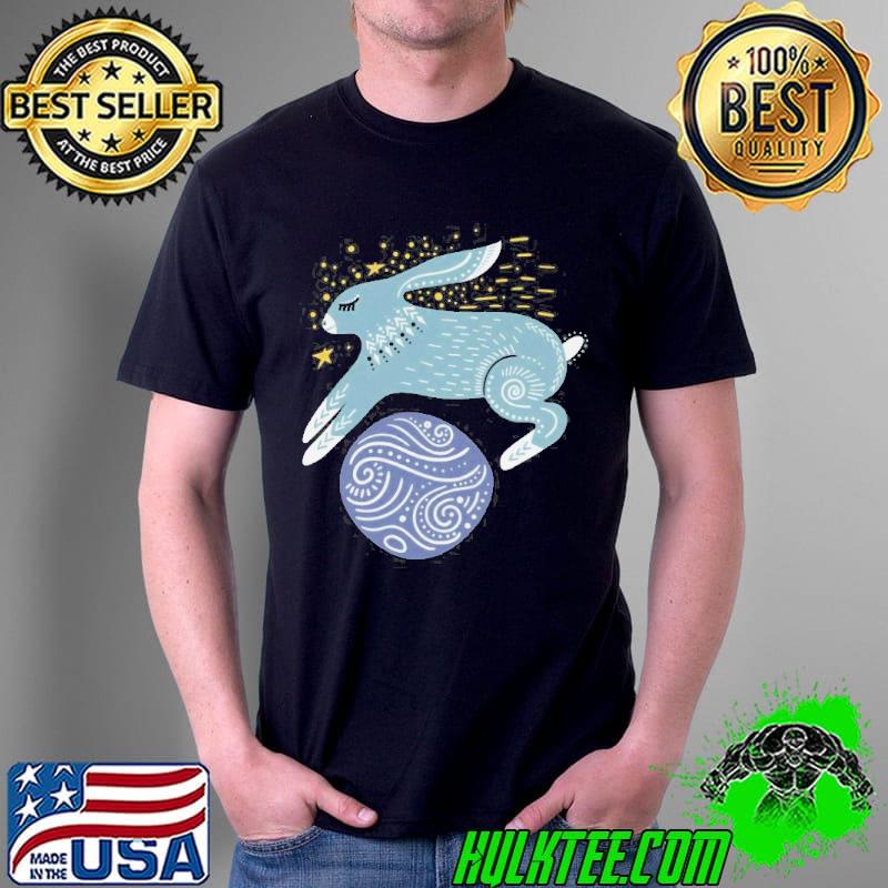 Whimsical rabbit jumping over a planet shirt