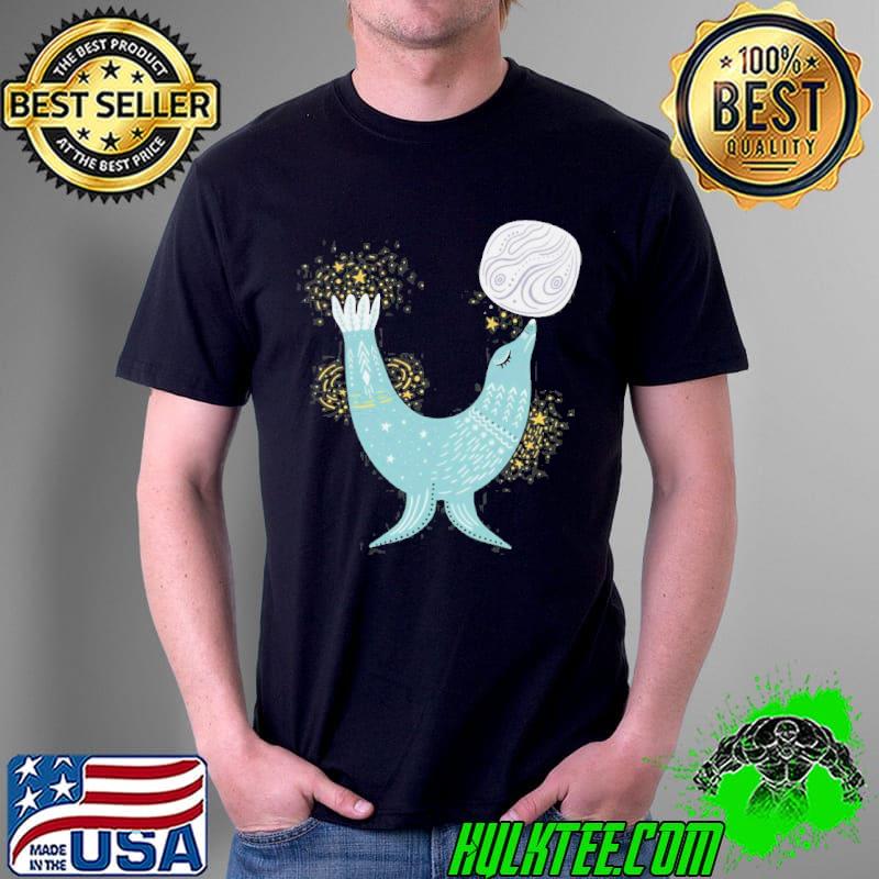 Whimsical seal balancing a planet shirt