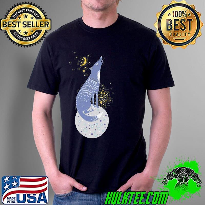 Whimsical wolf sitting on the moon howling cartoon wolf shirt