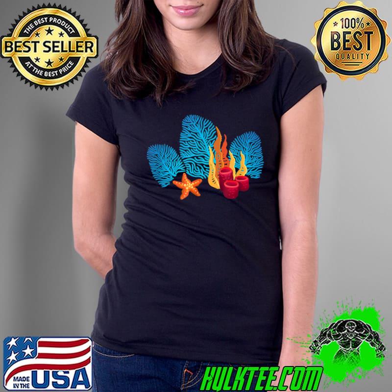 Bright Red Blue Coral Seaweed Marine Life Sea Life Starfish T-Shirt Ladies Tee Bright Red Blue Coral Seaweed Marine Life Sea Life Starfish T-Shirt Ladies Tee