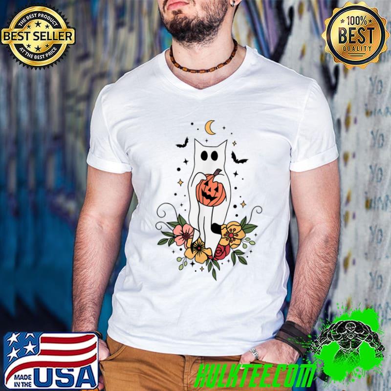 Floral Ghost Cat Retro Halloween Pumpkin Flowers Cat T-Shirt