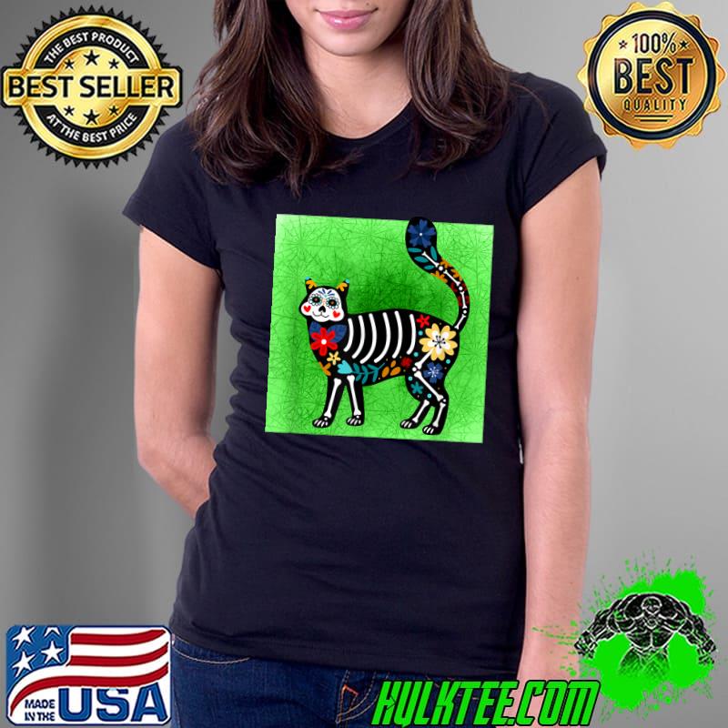 Happy Cat Sugar Skull Calavera Dia De Los Muertos Party T-Shirt Ladies Tee Happy Cat Sugar Skull Calavera Dia De Los Muertos Party T-Shirt Ladies Tee