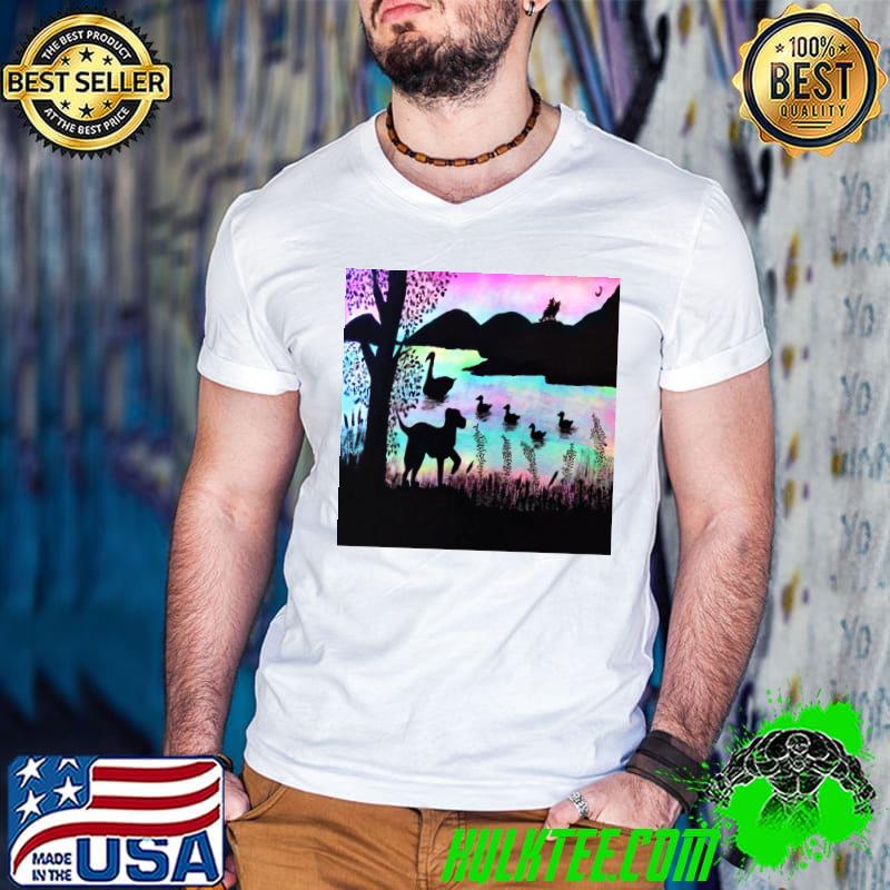 Nature Swan Dog Lake Silhouette Landscape T-Shirt