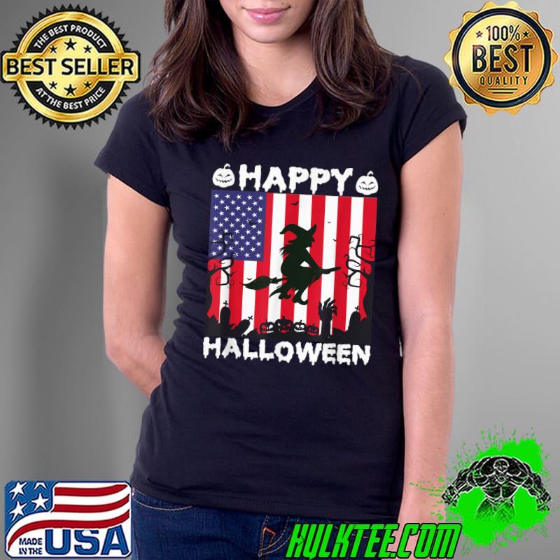USA Flag Happy Halloween Pumpkin Witch T-Shirt