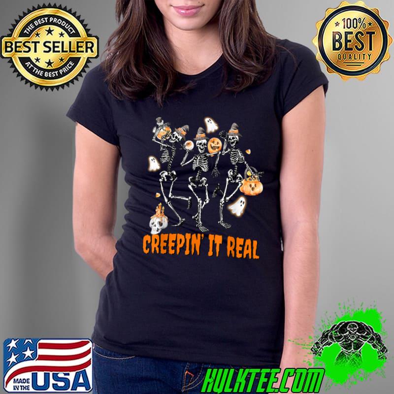 Creepin' It Real Skeleton Dancing Pumpkin Halloween T-Shirt Ladies Tee Creepin' It Real Skeleton Dancing Pumpkin Halloween T-Shirt Ladies Tee