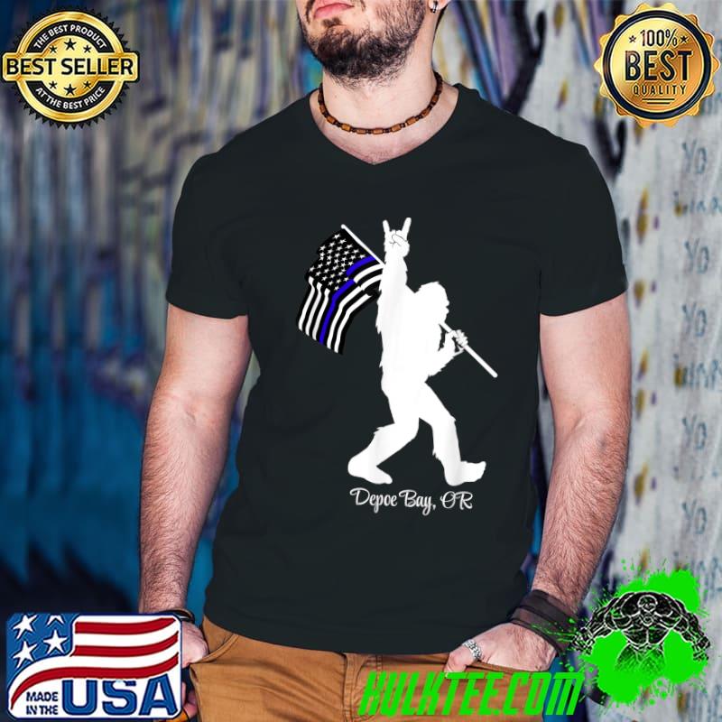 Depoe Bay Oregon Bigfoot Rock On Thin Blue Line Flag T-Shirt
