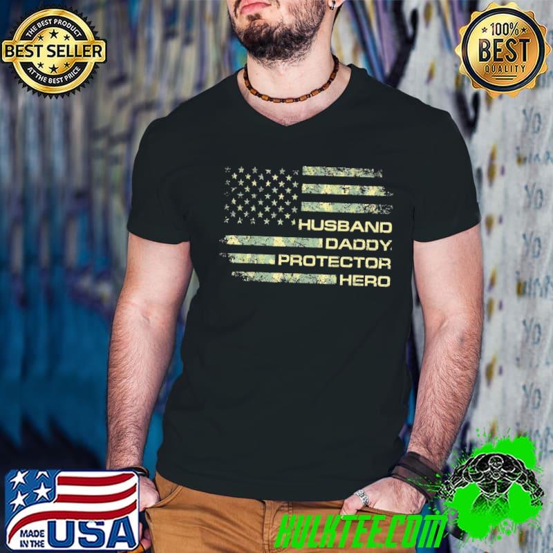 Fathers day gifts for husband mens husband daddy protector hero fathers day flag classic shirt