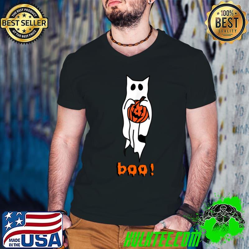 Ghost Cat Boo Halloween With Pumpkin T-Shirt