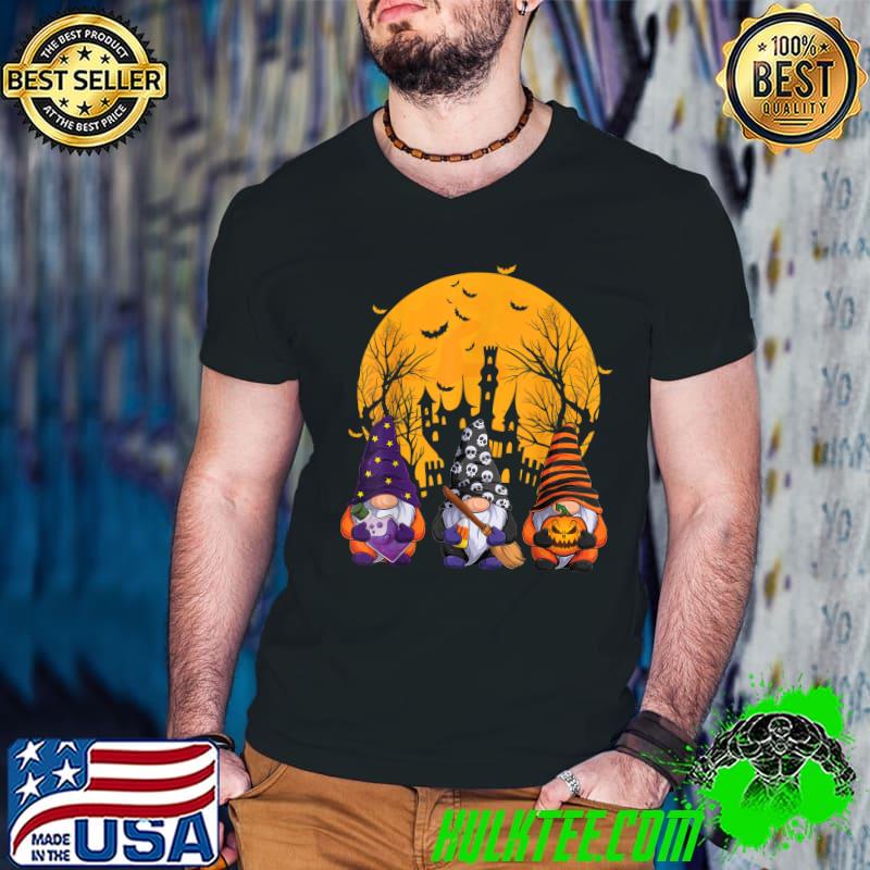 Gnomes Autumn Pumpkin Fall Broom Moon Bats Holiday Halloween T-Shirt