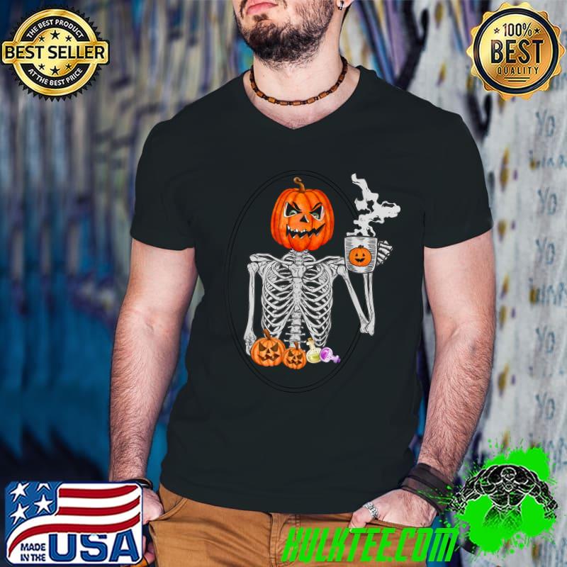 Halloween Coffee Drinking Skeleton Pumpkin T-Shirt