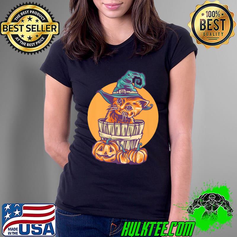 Halloween Kitten Cat Witches Hat Cat Fall Pumpkins T-Shirt Ladies Tee Halloween Kitten Cat Witches Hat Cat Fall Pumpkins T-Shirt Ladies Tee