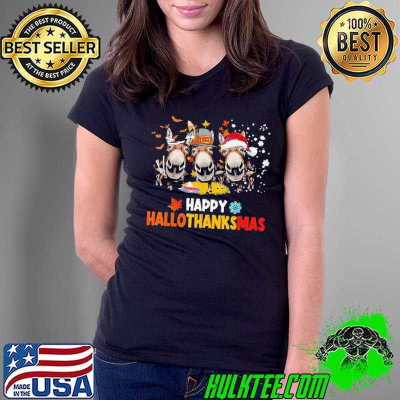 Halloween Thanksgiving Happy HalloThanksMas Donkey Shirt Ladies Tee Halloween Thanksgiving Happy HalloThanksMas Donkey Shirt Ladies Tee