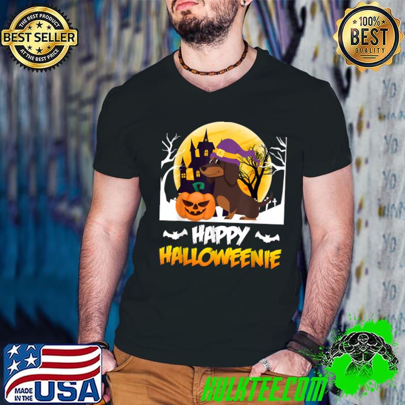 Happy Dog Halloween Dachshund Witch Pumpkins Blood Moon T-Shirt