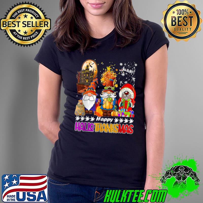 Happy Hallo Thanksmas Three Gnomes Happy Halloween Fall Candy Corn Pumpkin T-Shirt Ladies Tee Happy Hallo Thanksmas Three Gnomes Happy Halloween Fall Candy Corn Pumpkin T-Shirt Ladies Tee