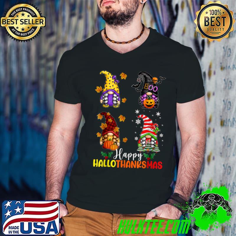 Happy Hallothanksmas Halloween Merry Christmas Gnomes Pumpkin Bats T-Shirt