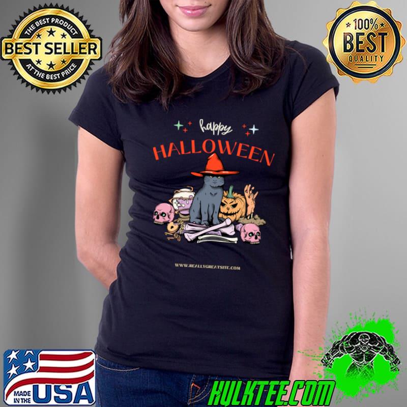 Happy Halloween Cat Witch Pumpkin And Skull T-Shirt Ladies Tee Happy Halloween Cat Witch Pumpkin And Skull T-Shirt Ladies Tee