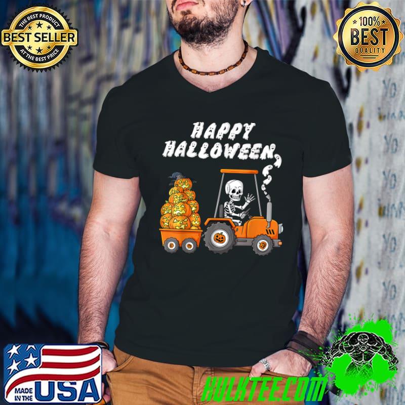 Happy Halloween Skeleton Riding Tractor Pumpkins T-Shirt