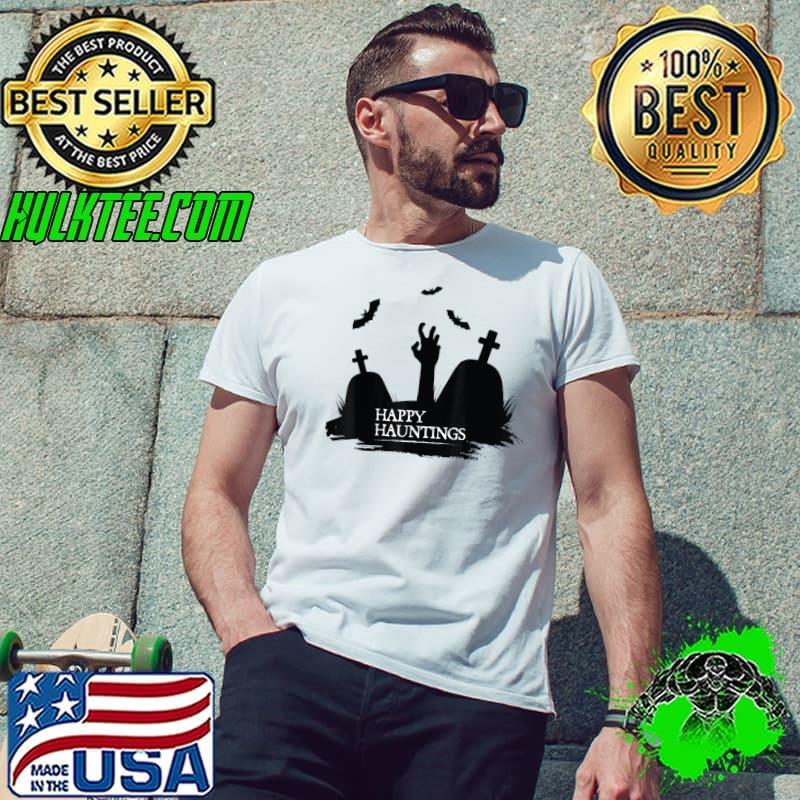 Happy Hauntings Halloween Costume Graveyard With Bats T-Shirt