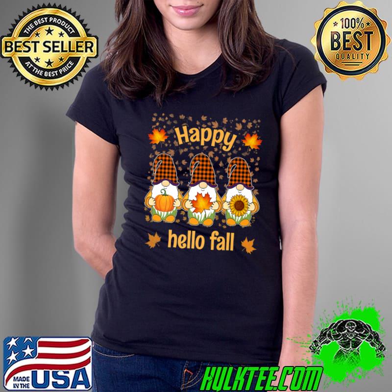Happy Hello Fall Gnomes Holding Pumpkin Happy Halloween T-Shirt Ladies Tee Happy Hello Fall Gnomes Holding Pumpkin Happy Halloween T-Shirt Ladies Tee