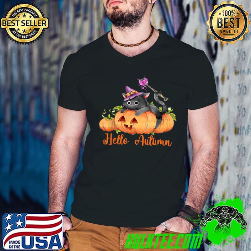 Hello Autumn Black Cat With Hat Witch Pumpk Halloween T-Shirt