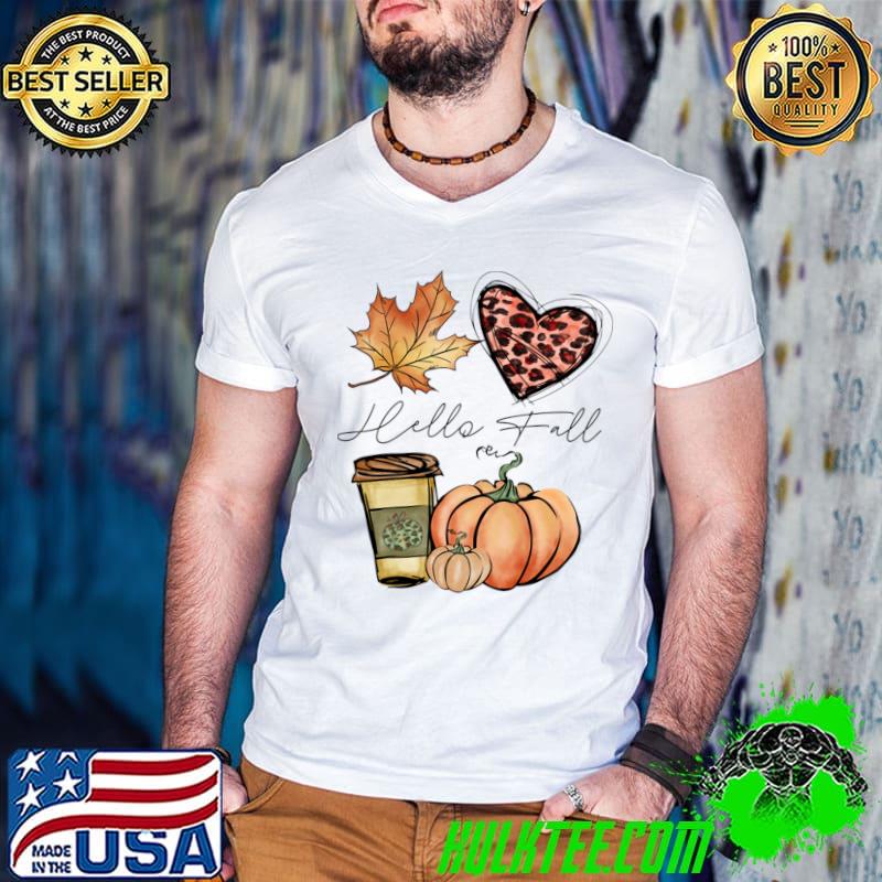 Hello Fall Heart Leopard Coffee And Pumpkins T-Shirt