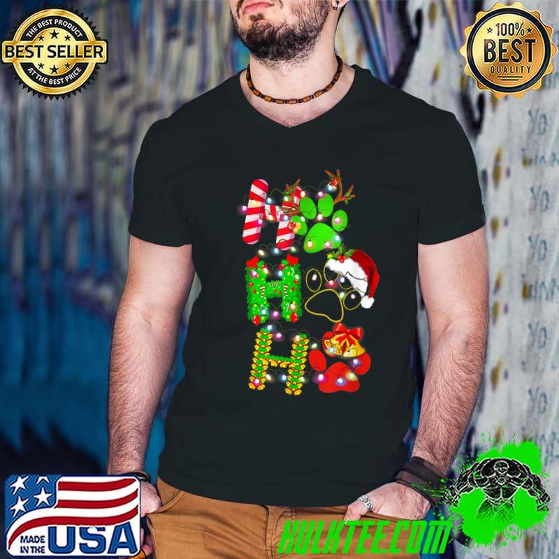 Ho Ho Ho Dog Foot Merry Christmas Cute Dog Lover Happy Hat Santa Lights T-Shirt