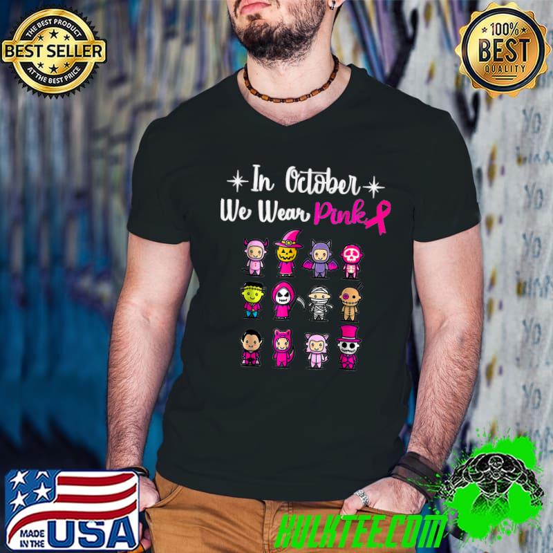 In October We Wear Pink Breast Cancer Awareness Horror Movies Chibi Halloween T-Shirt