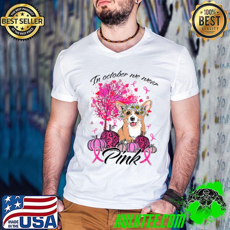 In October We Wear Pink Corgi Pumpkin Leopard Breast Cancer Awareness T-Shirt