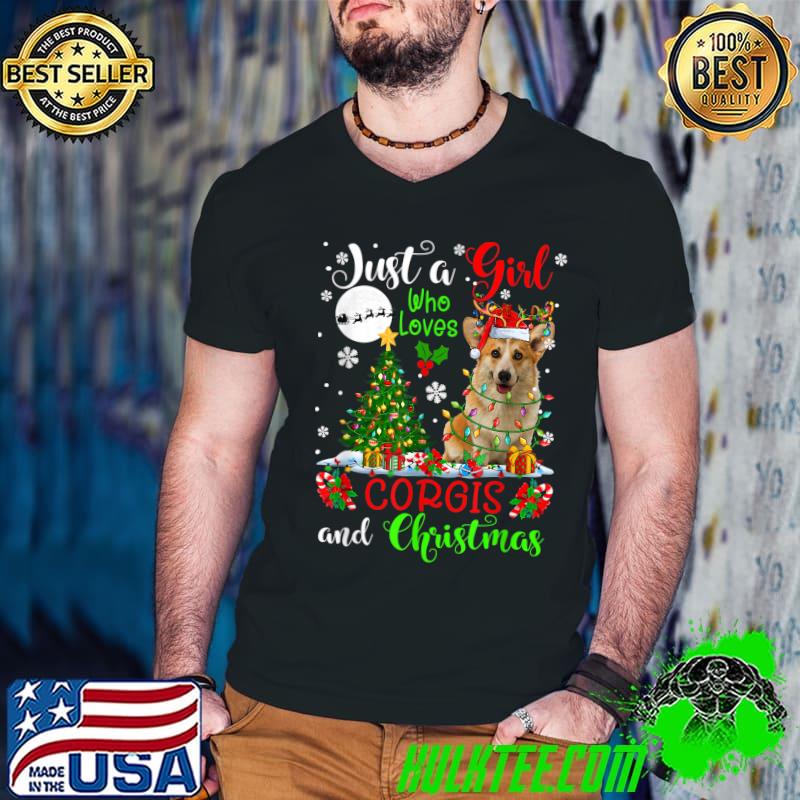 Just A Girl Who Loves Corgis And Christmas Santa Reindeer Moon Lights T-Shirt